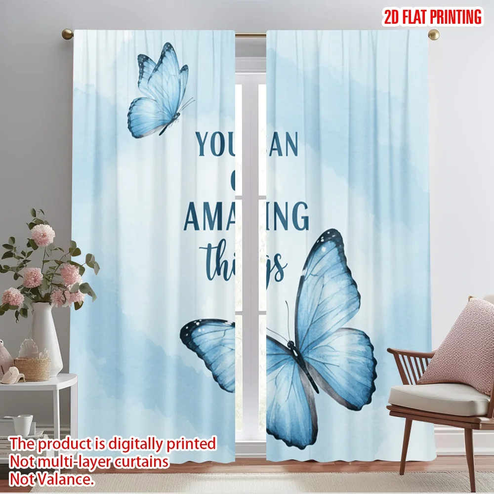 

2pcs 2D flat printing Window Curtains Blue Butterfly Amazing Things Fabric Without Electricity Family Party Use for Wall art