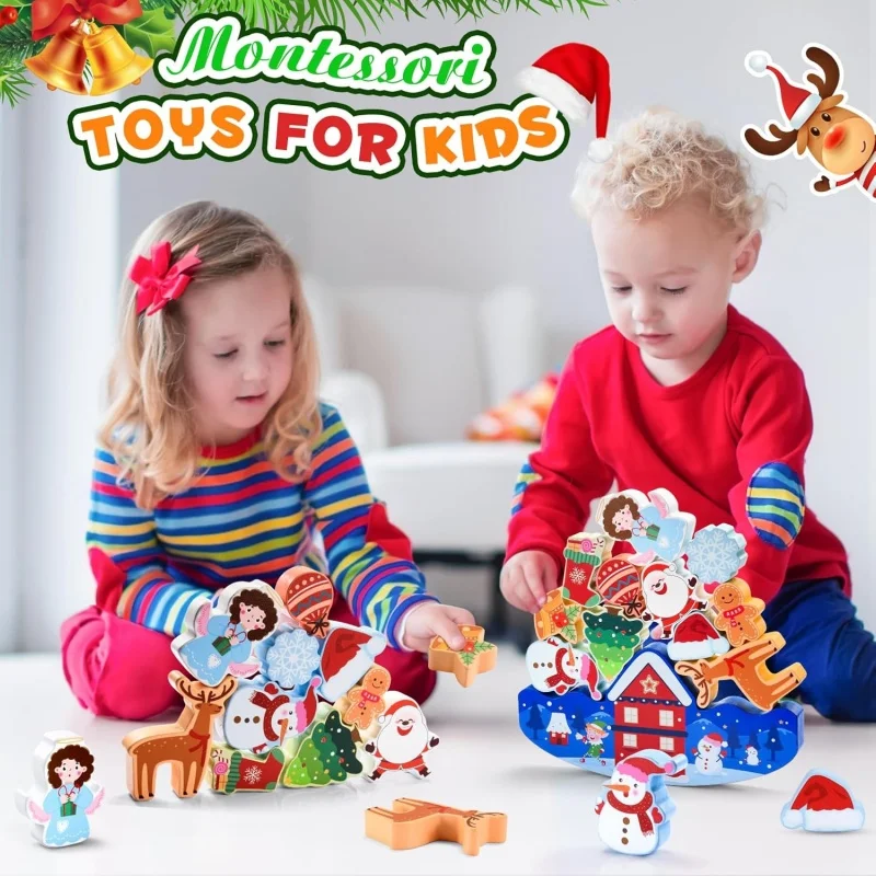 Christmas Wooden Building Blocks Stacking Toys Kids Balance Competition Game Boys Girls Sensory Puzzle Birthday Gift