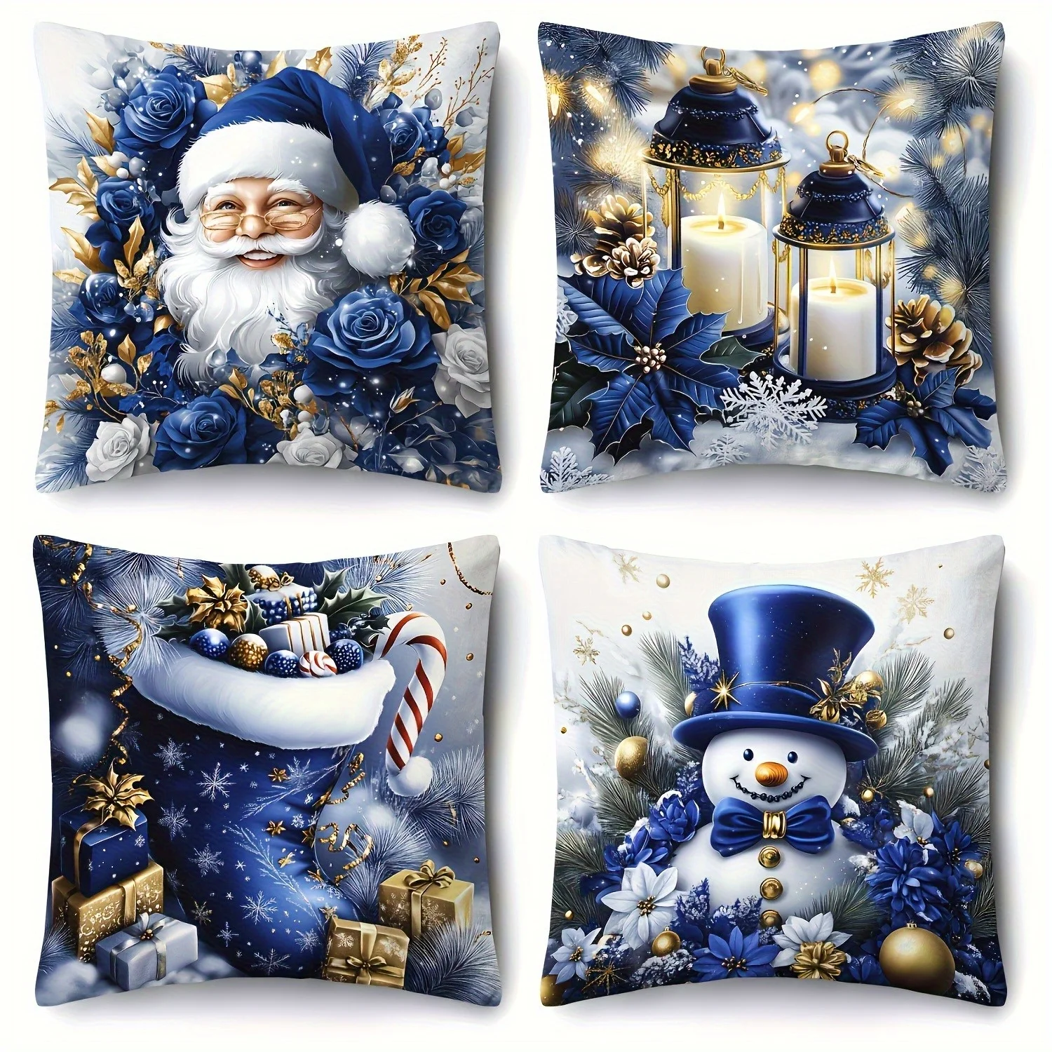 Juego  4 fundas de almohada planas 2D. Azul oscuro con diseños  árbol de Navidad y reno. Lavable a máquina y seguras para cr