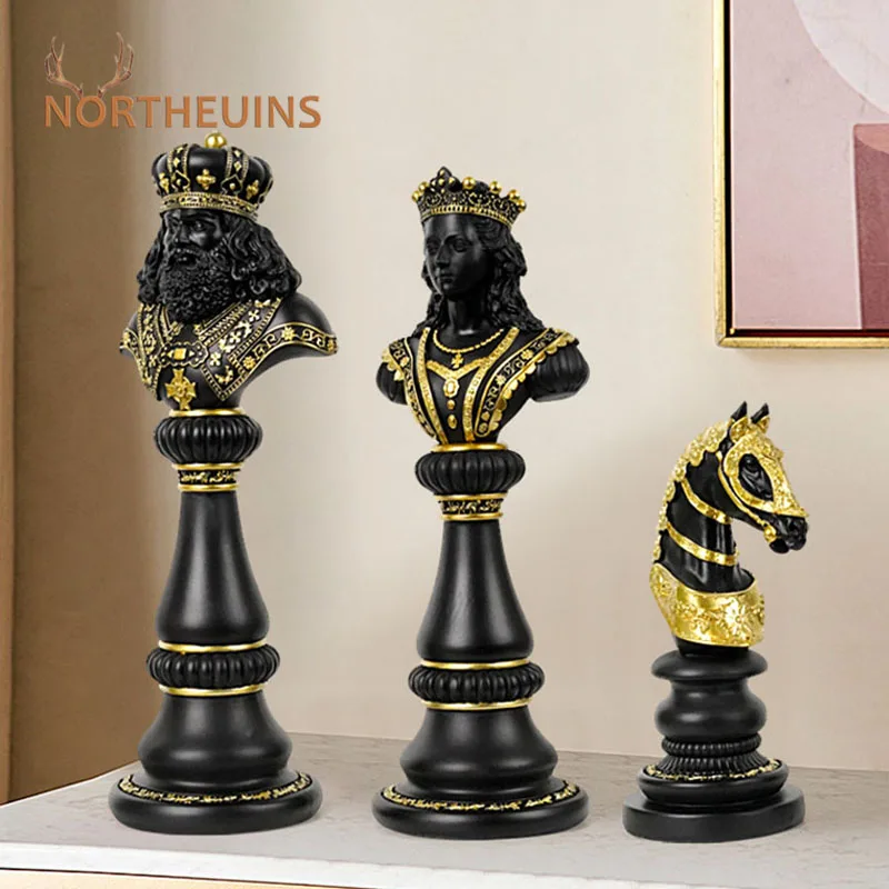 NORTHEUINS 30cm International Chess Figurines for Interior King Queen Knight Chess Statue Board Chessmen Home Deaktop Decoration