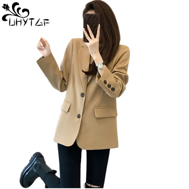 

UHYTGF Spring Autumn Blazer Coat Womens Single Breasted Casual Female Thin Jacket Splicing Buttons Elegant Ladies Outerwear 2529