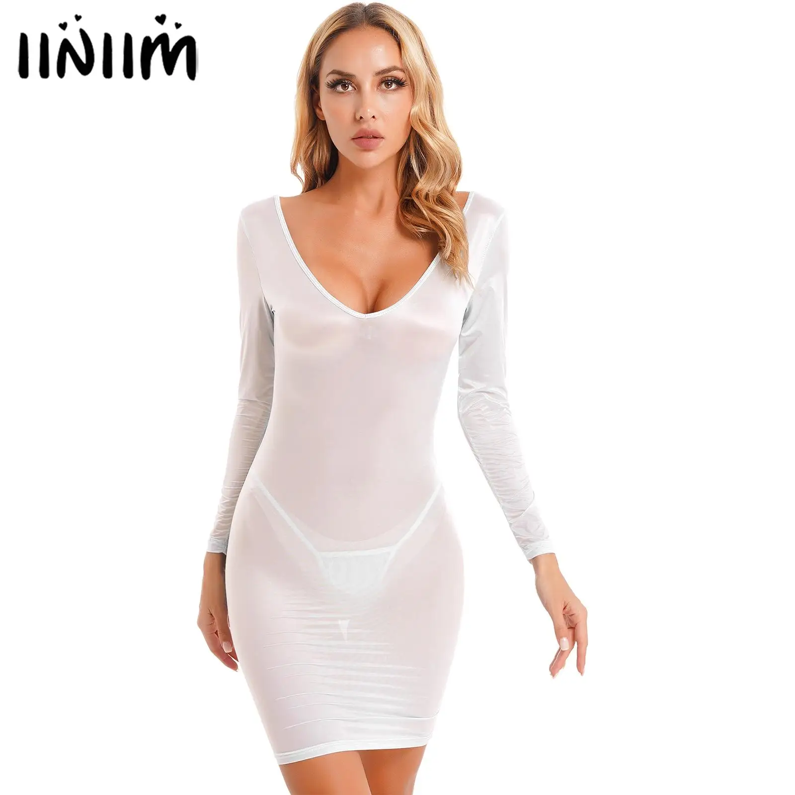 Womens Two-piece Lingerie Nightwear Glossy Semi See Through Deep V Neck Long Sleeve Bodycon Dress with G-string