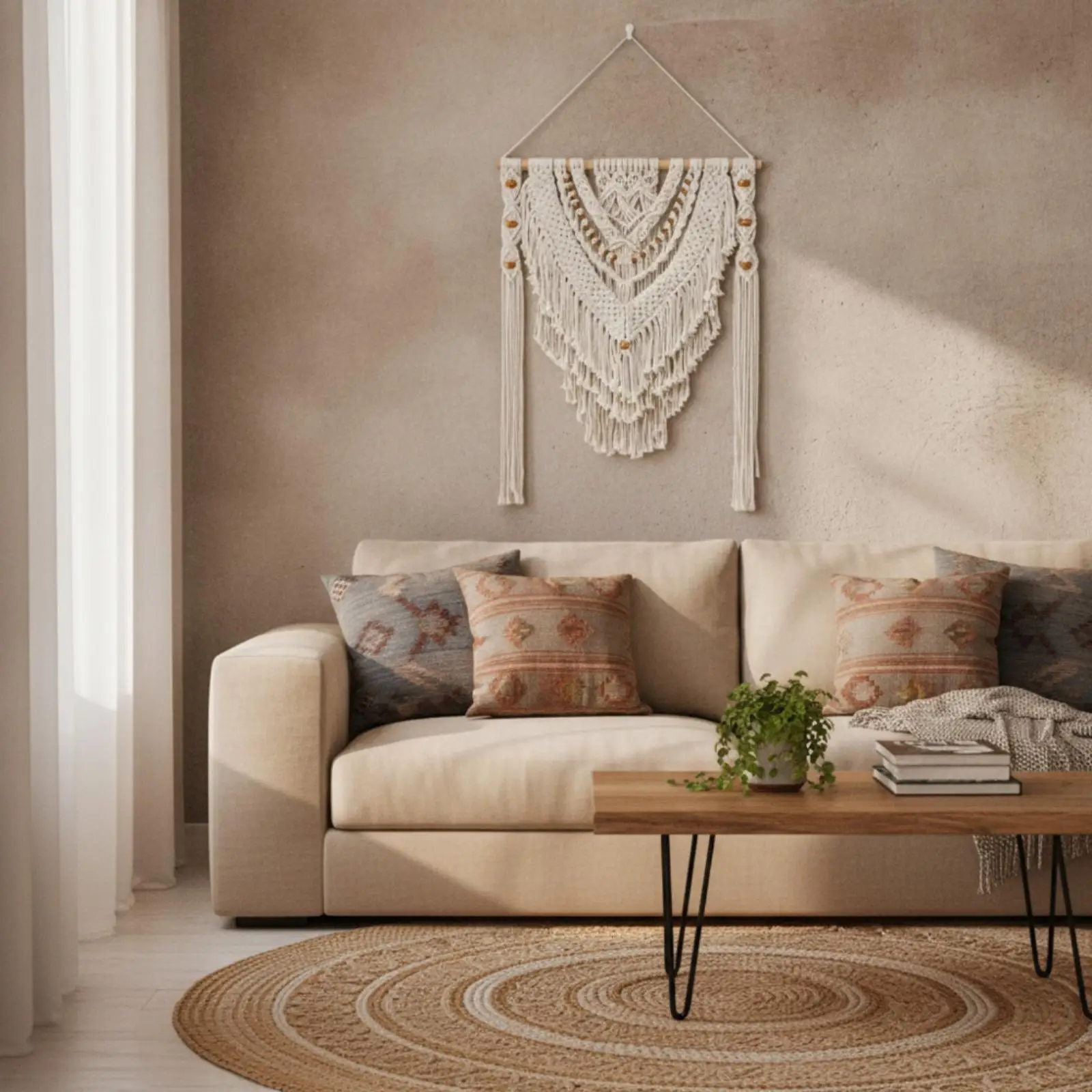 Macrame Wall Hanging Boho Wall Hanging with Wood Beads Fringe for Bedroom
