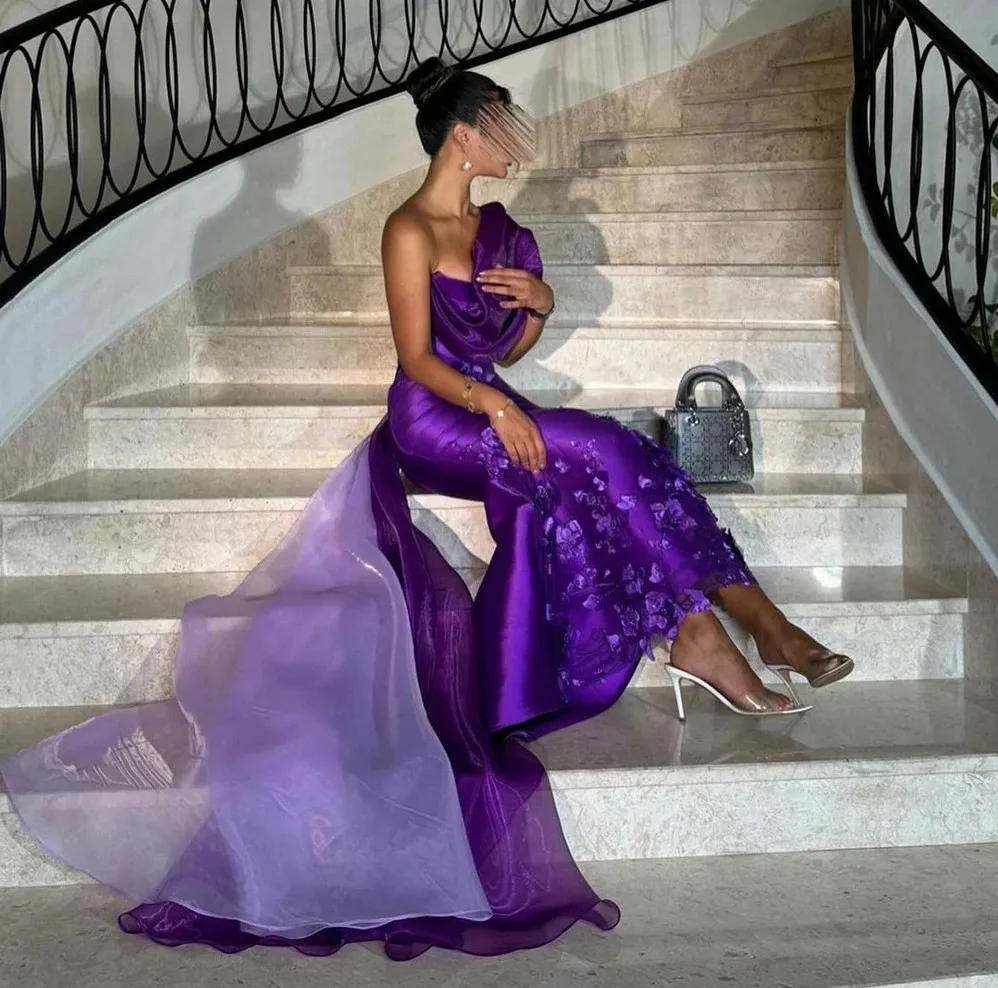 ชุดราตรีสีม่วงวินเทจแบบเป็นทางการ ไหล่เดียว ประดับดอกไม้ 3 มิติ ผ้าออร์แกนซ่า ทรงเมอร์เมด สำหรับงานพรอม งานประกวด งานเลี้ยง ชุดราตรีแบบอาหรับ