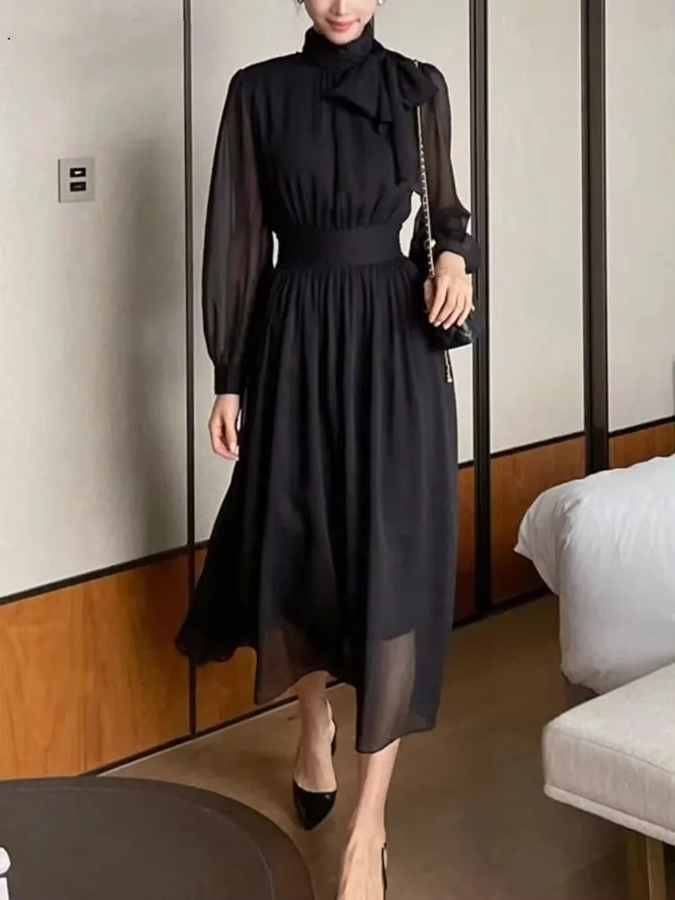 Korea Solid Long Sleeve Dress With Lace-up Autumn Elegant Simple Women Clothing Half High Collar Office Lady Casual Dress Chic