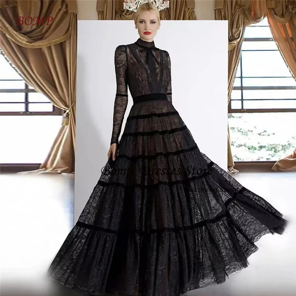 BOMP Customized Tulle Black robes de soirée O-Neck Floor-Length Evening Dresses Mysterious Formal Evening Pleats Wedding Dress