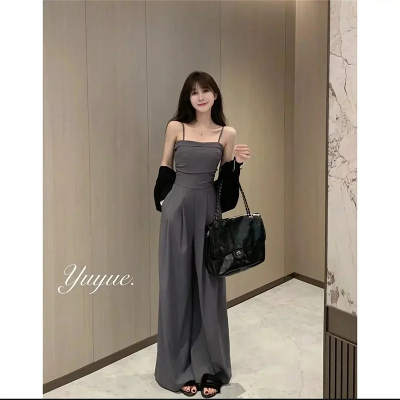 Blues Jazz French Luxury Elegance Slim And Fashionable High Waist Hanging Strap Wide Leg Jumpsuit