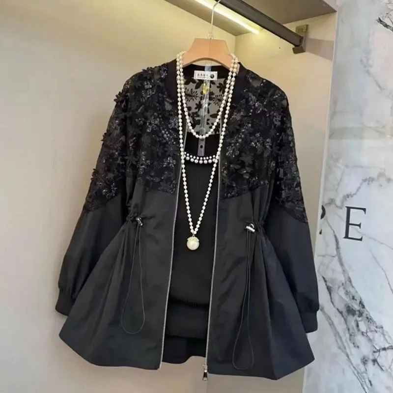 Summer Three-Dimensional Flower Windbreaker Plus Size Women's Fat Sister Western Style Joker Slim Lace Stitching Long Sleeve Coa