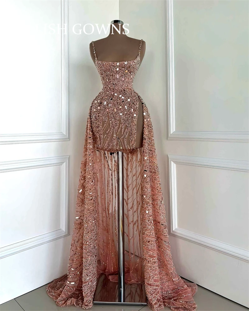 

Rose Gold Sequin Prom Dresses Short Luxury Bead Crystal Beauty Pageant Gowns Square Neck Graduation Dress Customized