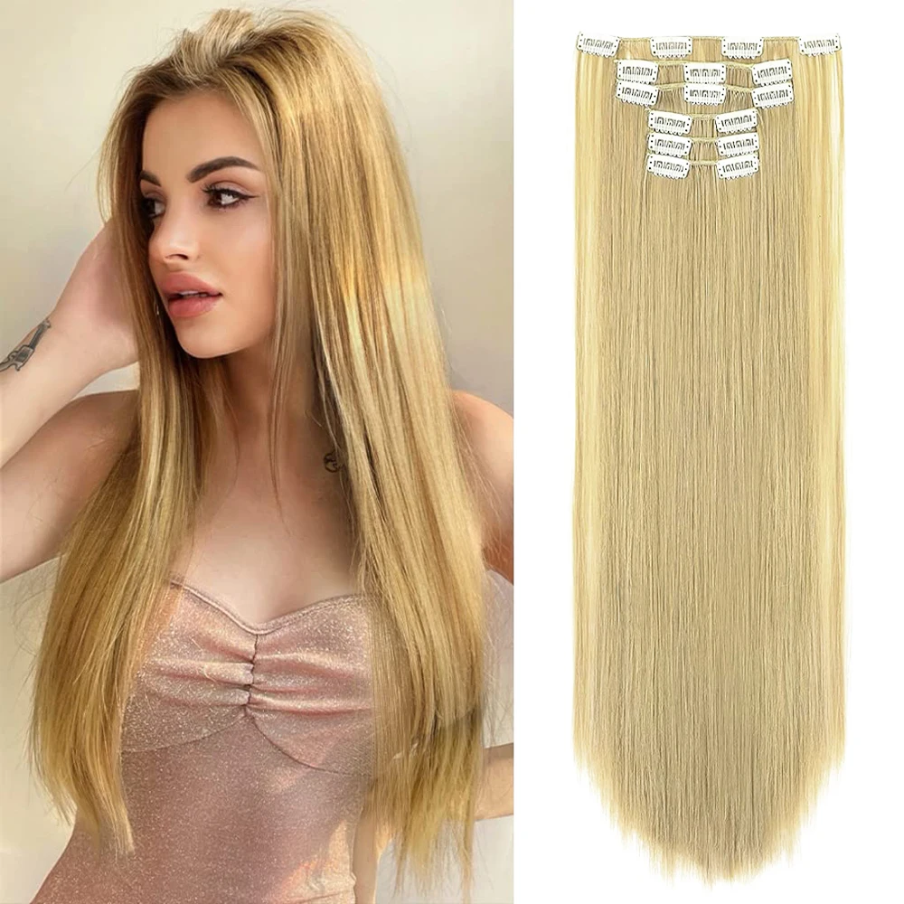 Extensiones de cabello negro sintético para mujer, 24 "/60cm, 140g, 6 unids/set, Clip de cabeza completa larga y recta, 16 Clips, fibra resistente al calor ombré