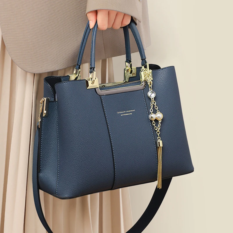 

Женские современные классические сумки с ручкой, роскошные сумки-мессенджеры с жемчужным кулоном, модные женские синие сумки-тоут из натуральной кожи