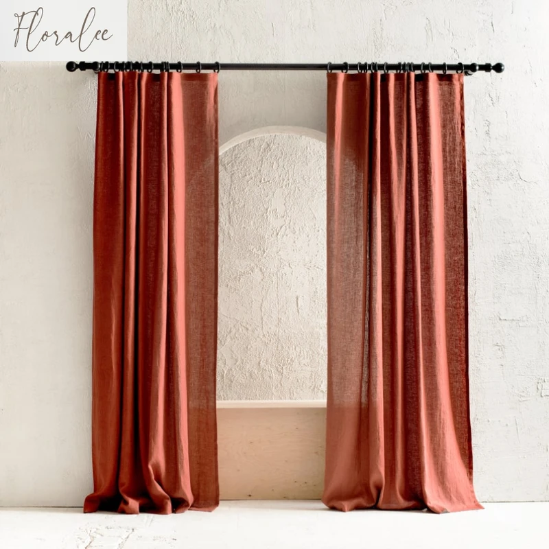 Natural Linen Brick Red Blackout Curtains for Living Room and Bedroom Customized Light-transmitting Handmade Sheer Curtains