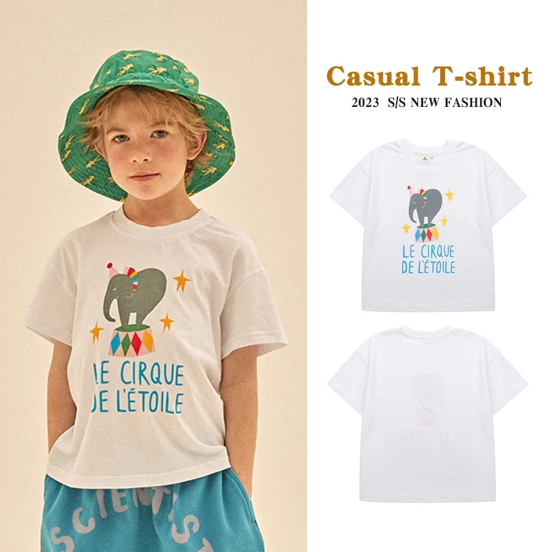 

Jenny&Dave 23 Summer New Boys and Girls' Korean Edition Top for Children's Cute Elephant Letter Loose Short Sleeve T-shirt for C