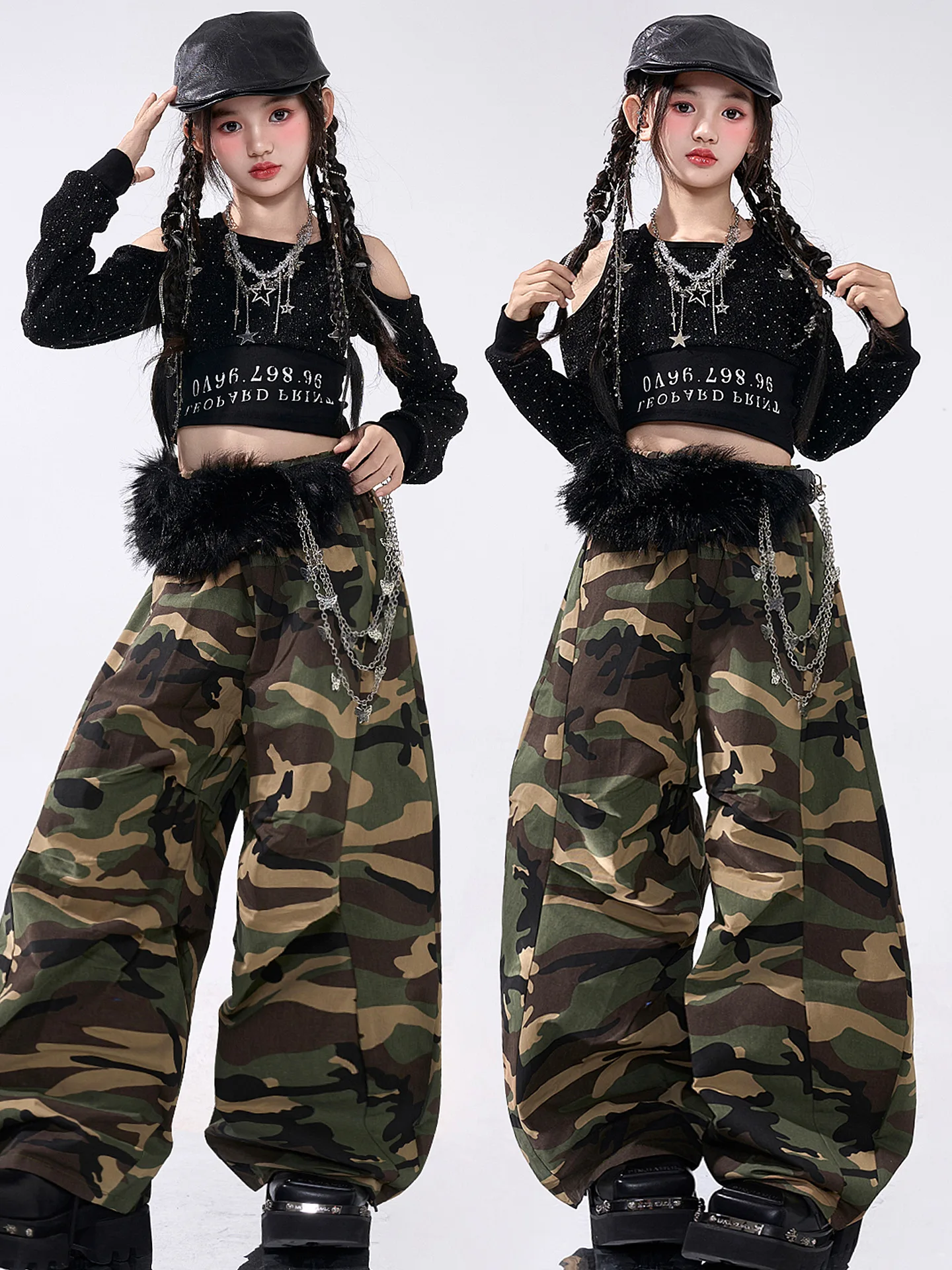 키즈 케이팝 힙합 의류 블랙 오프숄더 크롭 티셔츠 탑 카모 파라슈트 배기 팬츠 소녀 스트리트 댄스 의상