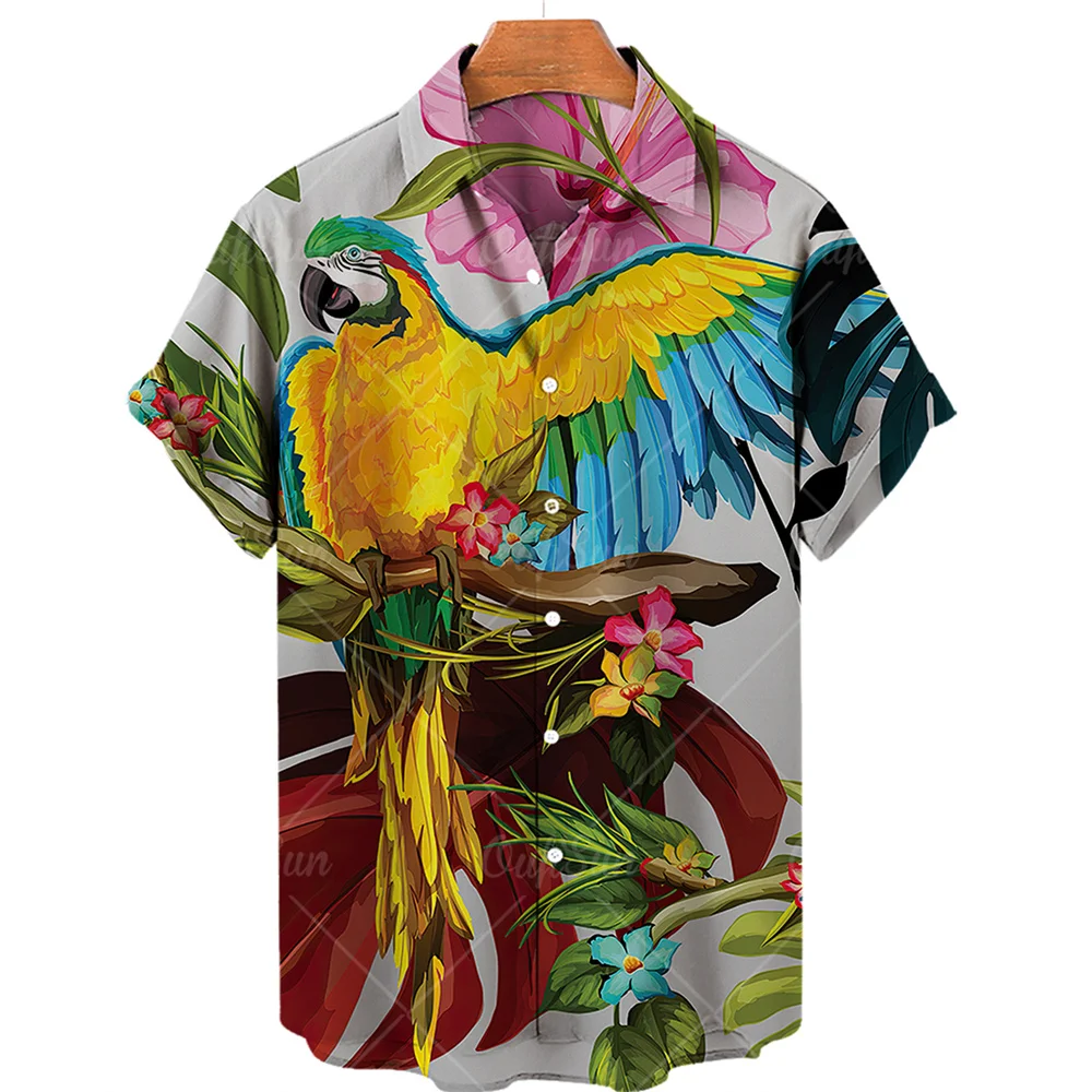 Vogelsoortenprint Zomer Herenoverhemden Casual Oversized Korte Mouw Mode Single-Breasted Blouses Trend Tops Heren Kleding