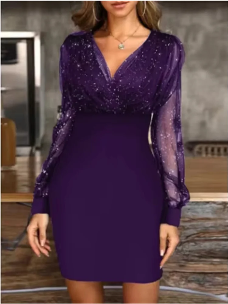 Solid Color Transparent Long Sleeved V-neck Sequined Women's Dress Fashionable Elegant Dating Party Autumn Dresses