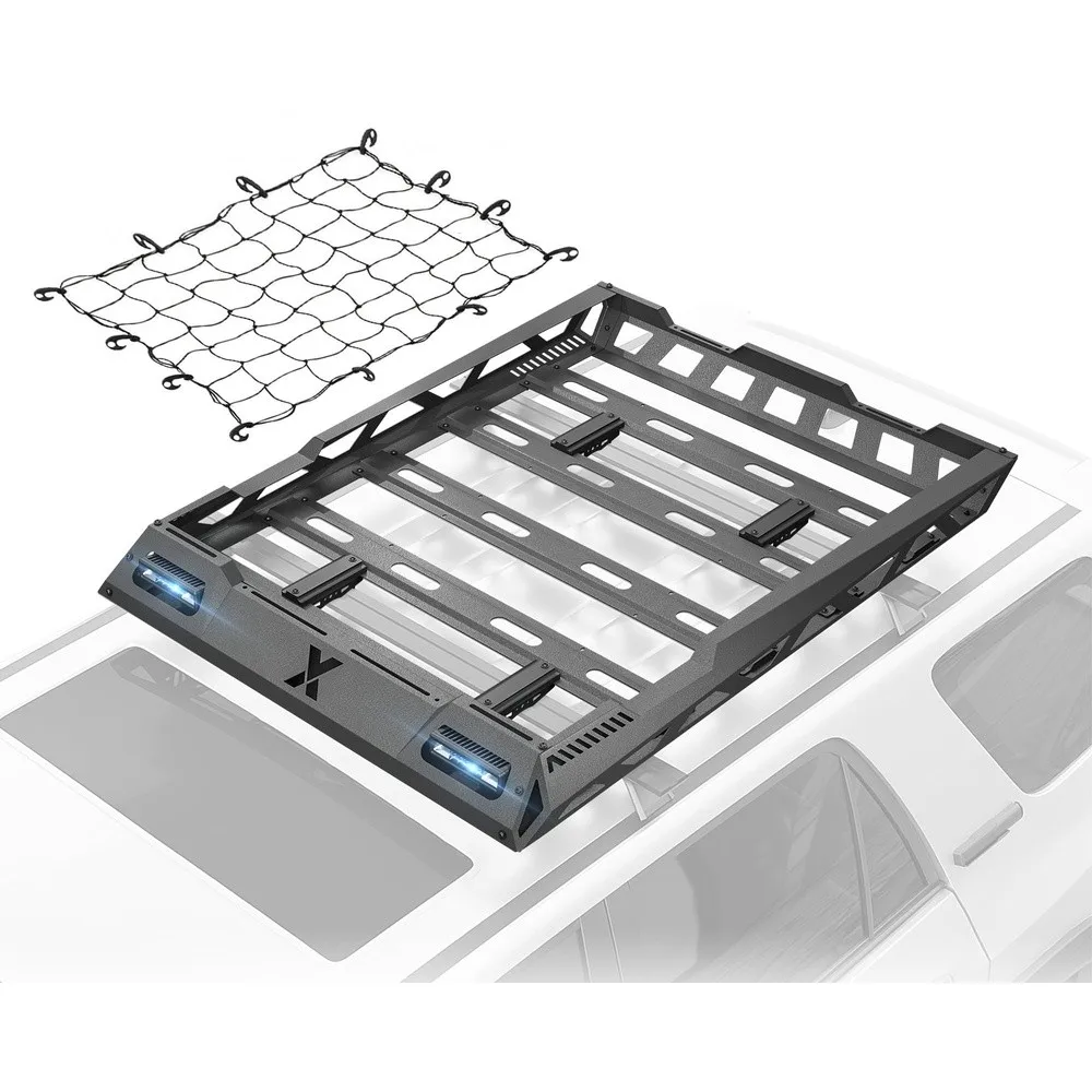 55''x41'' Roof Rack Cargo Basket with 2 Pcs LED Light Bars & Cargo Net Rooftop Luggage Storage Holder Streamlined Heavy