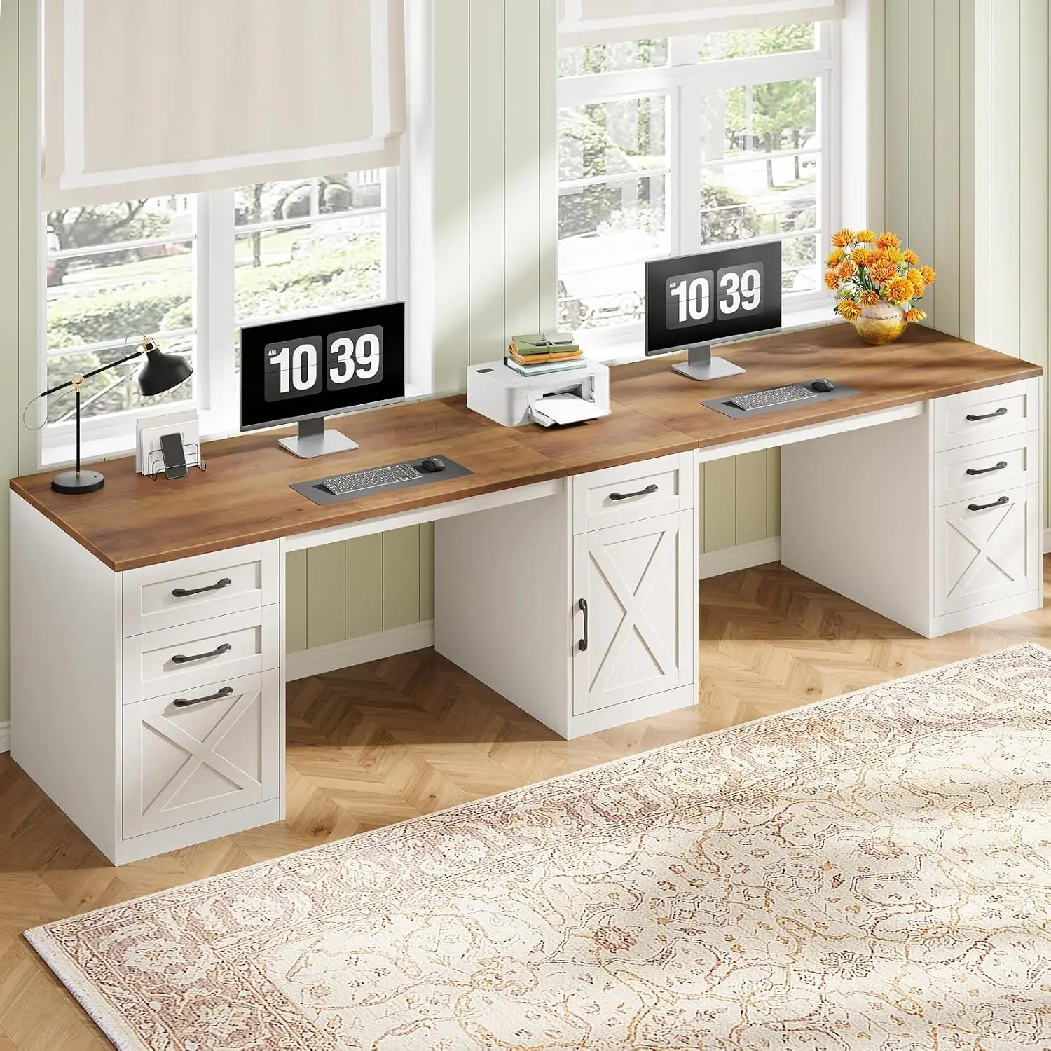 White 2-Person Executive Desk with 5 Drawers for Home Office 110