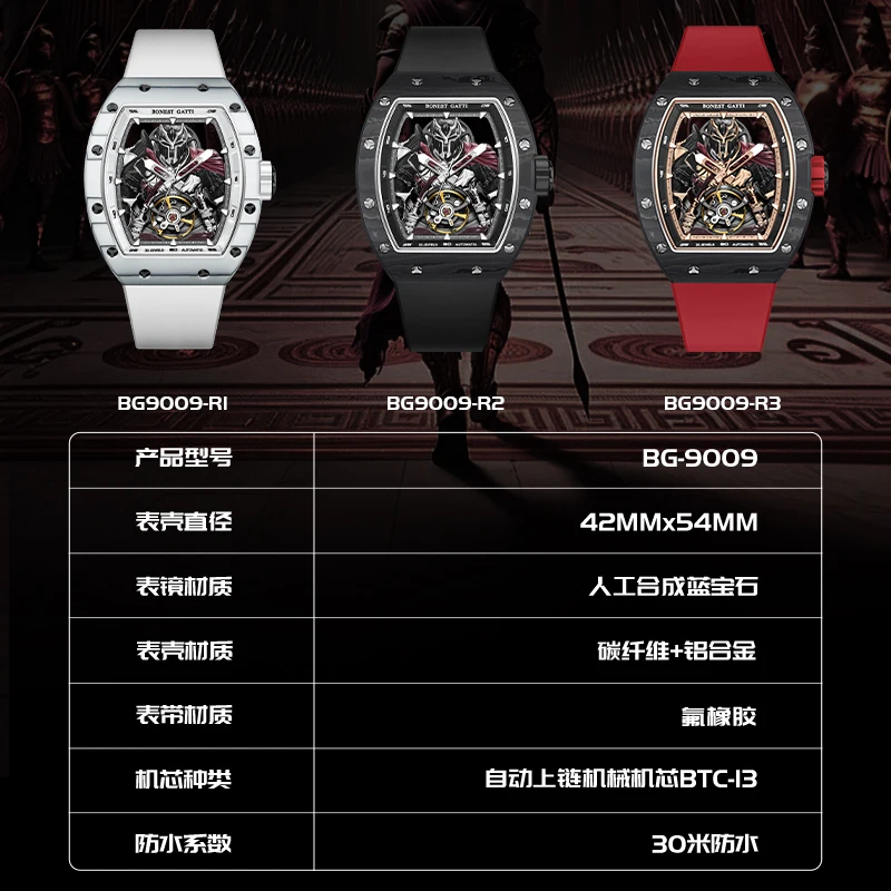 BONEST GATTI Automatyczny Zegarek Mechaniczny z Włókna Węglowego dla Mężczyzn Wodoodporny Szkielet Męskie Zegarki Top Marka Luksusowe Zegarki na Rękę 2025