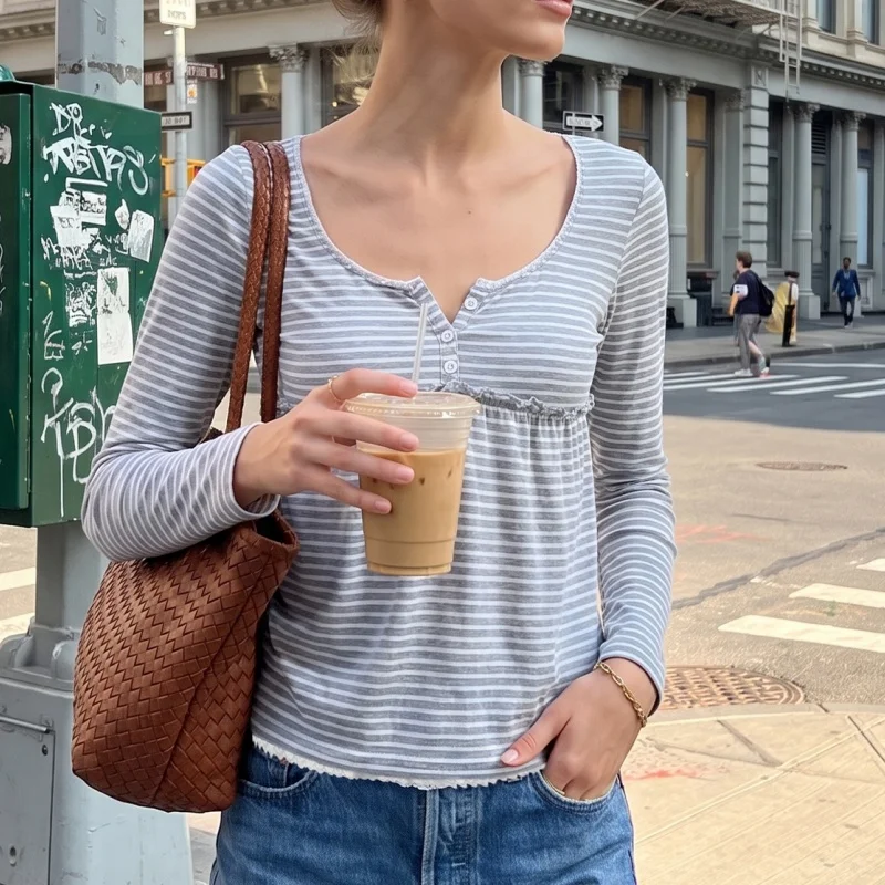 Coquette Aesthetic Striped Long Sleeve Top Low Cut Button Shirt Ruffle High Waist Empire Babydoll Blouse Streetwear