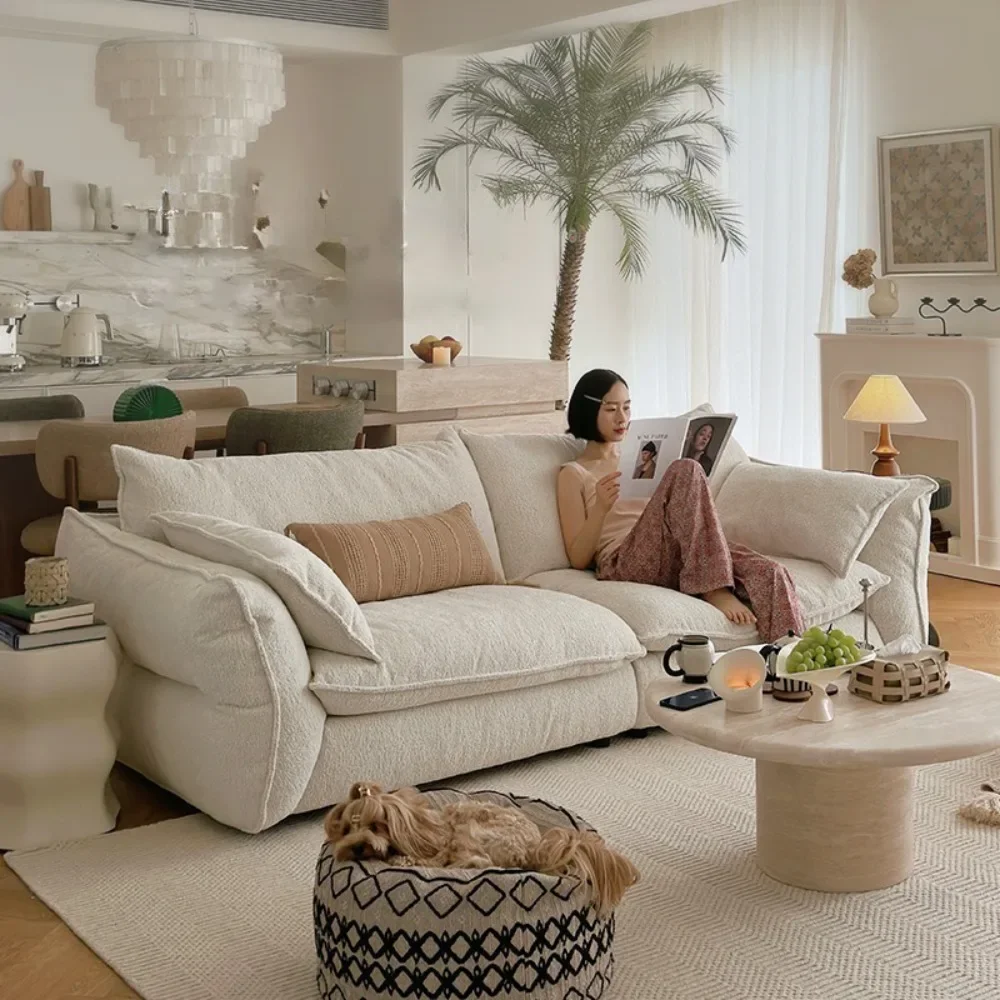 For Villa Apartment Home Living Room Elegant Cream Cloud Sofa Series Modern Square Chenille Sofa Set Soft Sitting Furniture