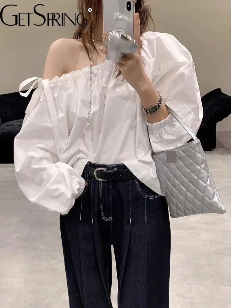 GetSpring Women Blouse 2025 Spring Summer Fashionable Slash Neck Puff Sleeve All Match Loose Casual Female Shirt Irregular Tops