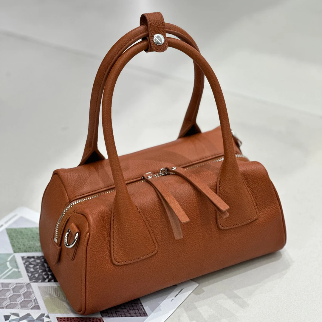 

Mendy Women Genuine Leather Boston Bag Small Pillow Handbag Vintage Crossbody Shoulder Bag Fashion Top Handle Purse 25cm Soft