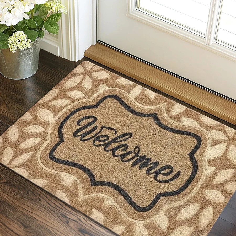 1pc Brown Doormat with Black Hand-Written Welcome Letters And White Brown Leaf Pattern Repeated Texture Classic Design Entrance Mat, 1.02cm Thick, Durable Soft Flannel Non-Slip Door Mat, RV Mat, Country Mat