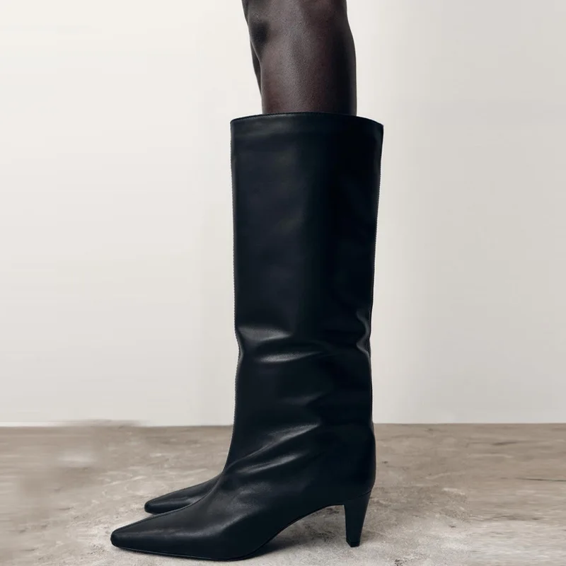 New Retro Slip-On Long Tube Boots Women Pointed Toe Knee-High Boots Women Fashion Kitten Heels Boots Women Party Botines Mujer