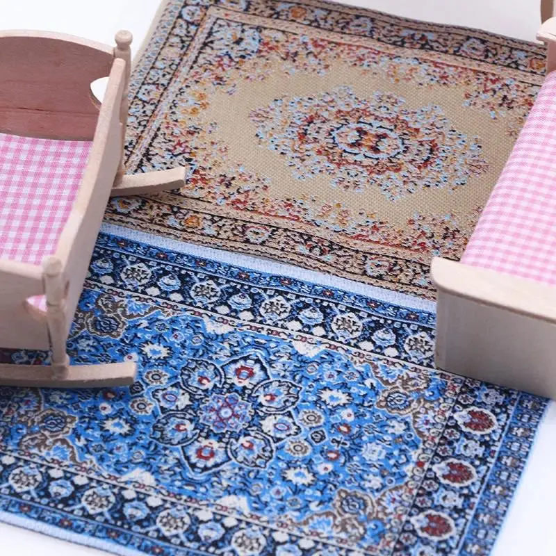 Dollhouse Miniature Floral Pattern Mat Mini Turkish Style Weaving Rug Carpet Model For Doll House Decor Kids Pretend Play Toys