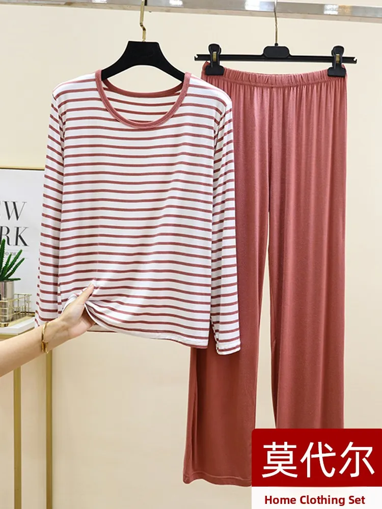 Loose Long Sleeve Modal T-Shirt Pants Set Women's round Neck Striped Home Clothes plus Size Can Be Worn outside Sleepwear