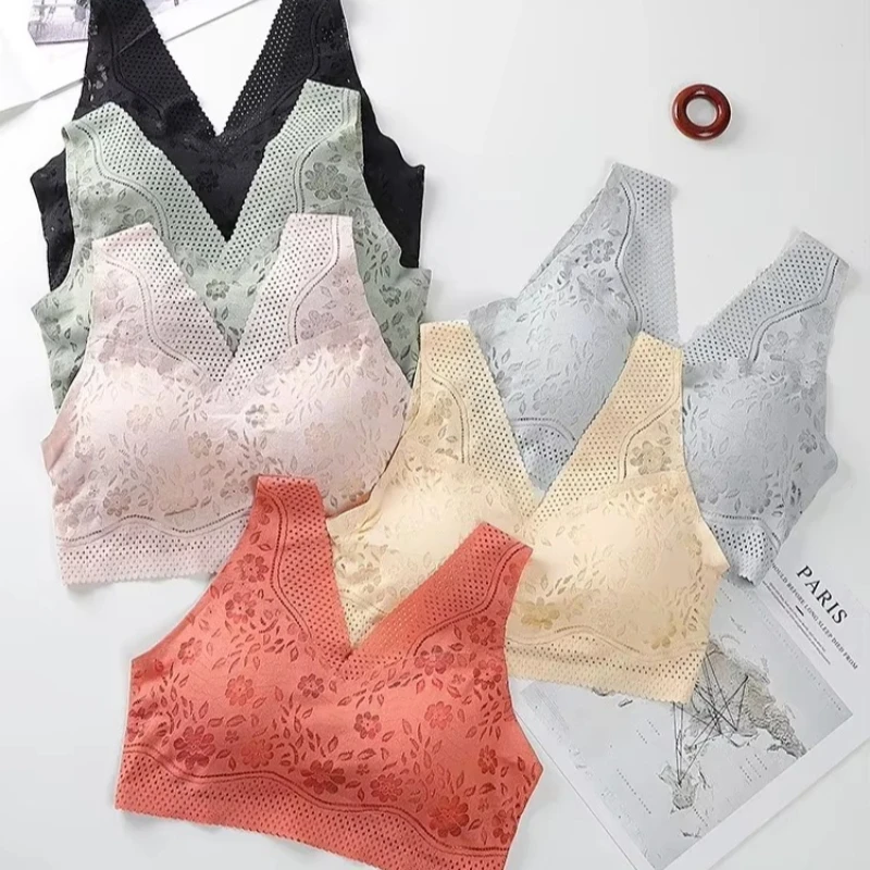 Women Wireless V-Neck Lace Bra Traceless Thin Sports Bralette Breathable Soft Comfort Casual Underwear