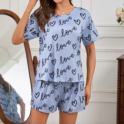 Women's Letter Print Pajamas Set Cute Short Sleeve Crew Neck Top and Shorts Pijama Comfortable Sleep and Lounging Sleepwear Suit