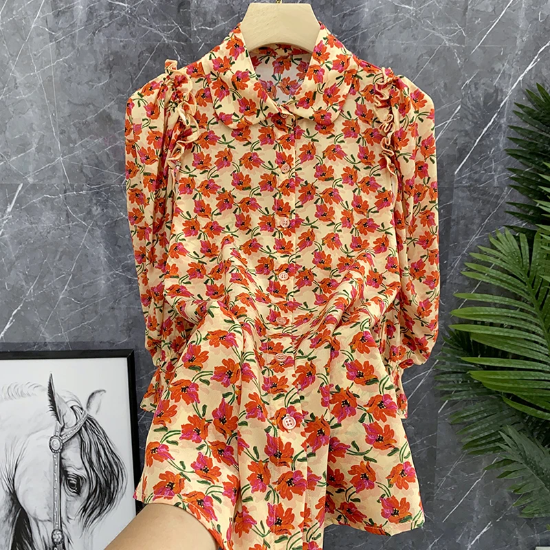 

Silk Blouse Women's ort Sve Floral Print Collar Single Button Closure Lantern Sve Commute Sle Traditional Chin...