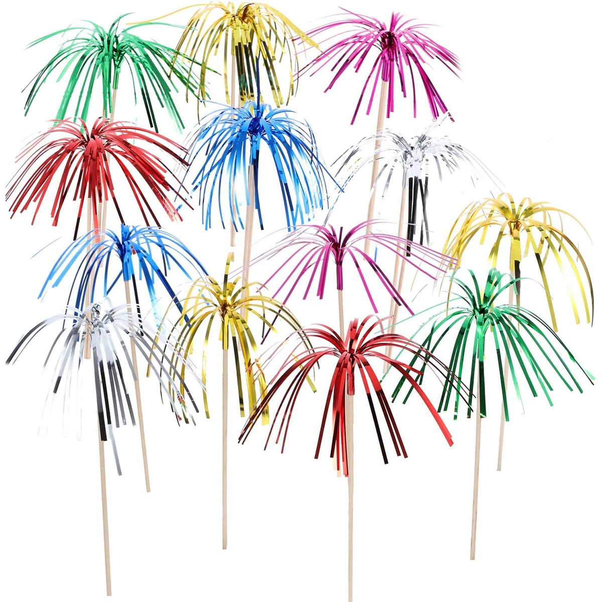 100 Stück Feuerwerk-Cupcake-Topper, Folienrüschen, Zahnstocher, Urlaubskuchen-Dekorationen, 22,9 cm große Lebensmittel-Picks für Abschlussfeier-Zubehör