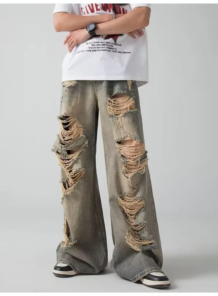 

American trend ripped jeans men's mud-dyed distressed and stylish rustic style pants wide-leg floor-length beggar pants Y2K