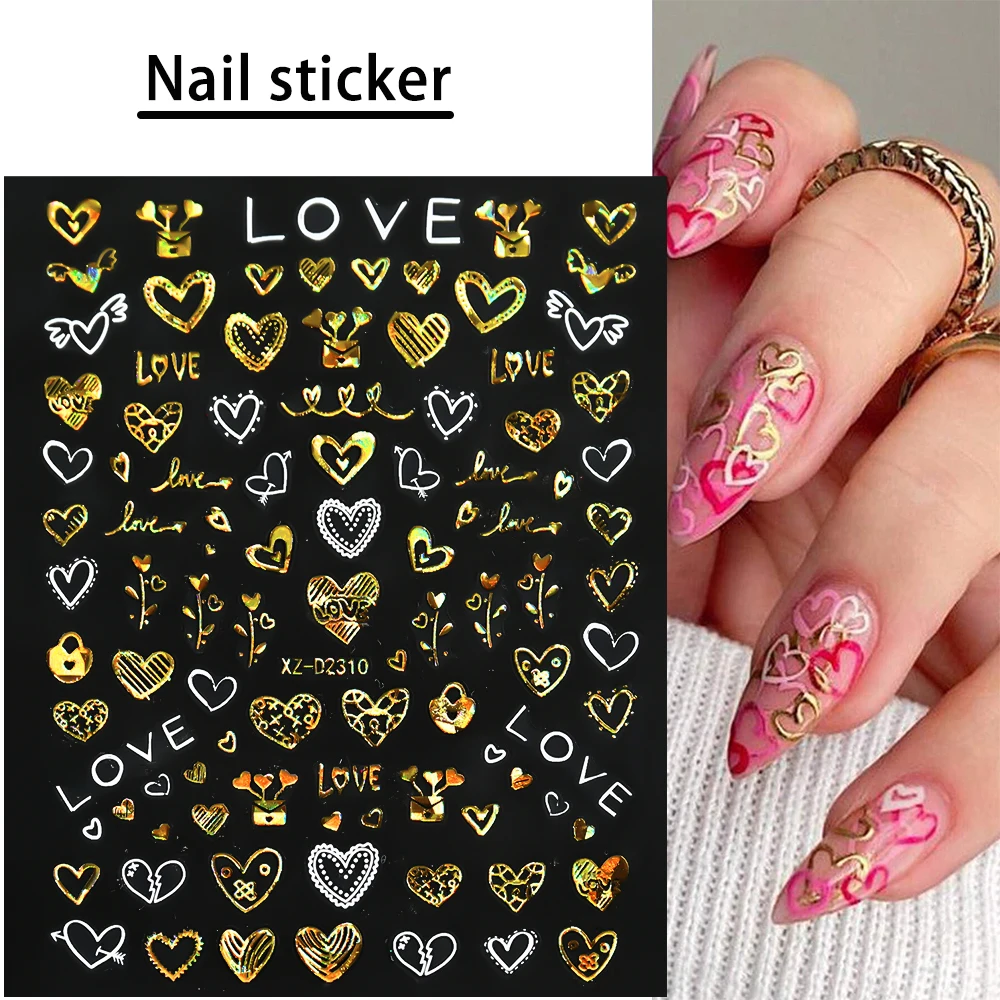 12pcs Laser Gold Valentine Nail Art Stickers Set Relief Cupid LOVE Heart Lip Bow Flower Adhesive Decal Nail Holiday Golden Decor