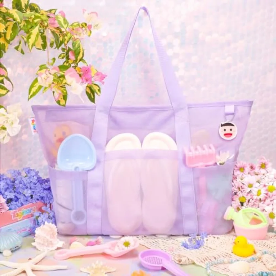 Jouets de plage pour et sac de plage en maille avec fermeture éclair, grand fourre-tout de plage avec 8 poches, rangement de jouets de sable, sac de piscine, accessoires de plage pour