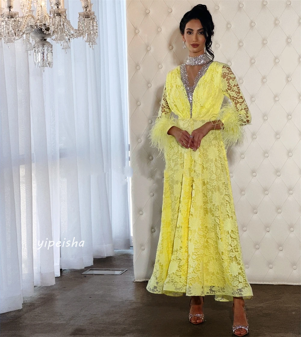 Jersey de plumas drapeadas con lentejuelas para baile de graduación, vestido Midi de cuello alto a medida para ocasiones