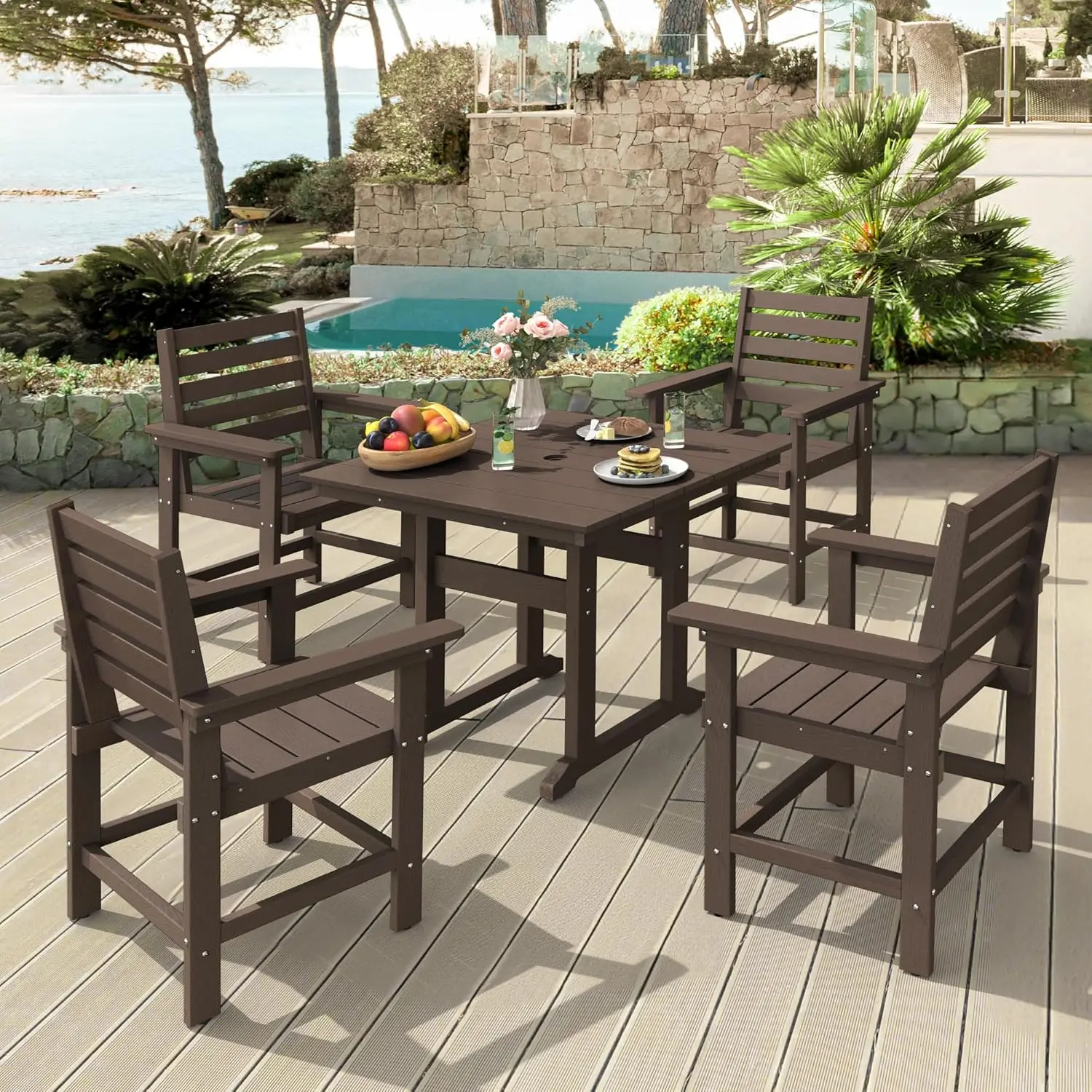 

Terrace table and chairs 5-piece set, outdoor dining table set with umbrella hole, dining table with 4 chairs