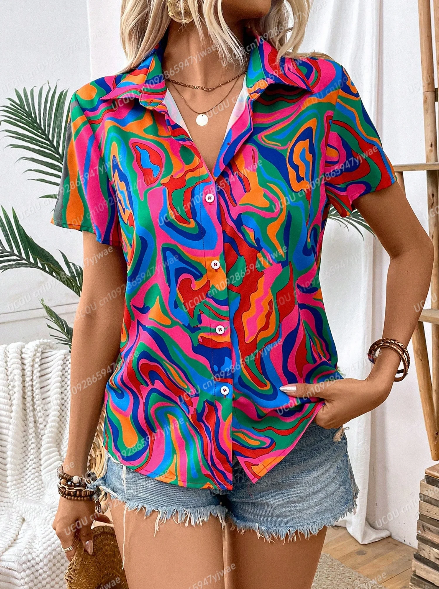 

2025 Summer Women Short-Sleeved Shirt Women's3d Print Single Breasted Lady Casual Shirt Summer Street Daily Surfing Beach Shirt