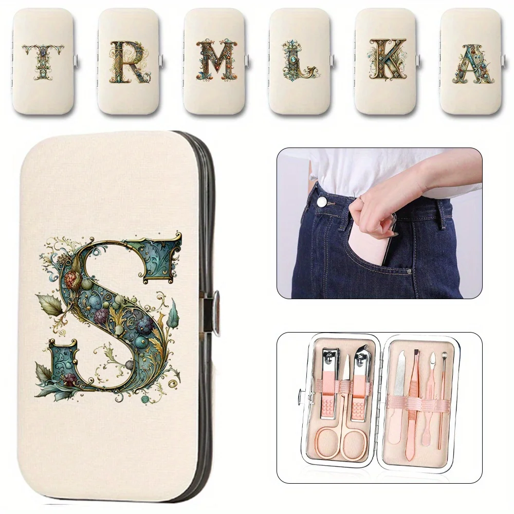 

7pcs Durable Nail Clippers Set Stainless Household Steel Nail Care Tools with Leather Organizer Case Graphic Letter Pattern