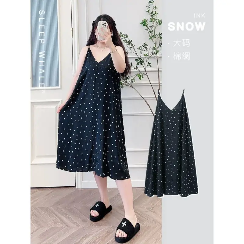 

150kg Large Size Loose Suspender Nightgown Women's Print Summer Sleepwear V-neck Knee Length Dress Sleeveless Home Clothes