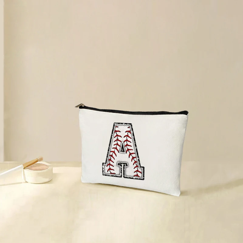 Baseball Initial Makeup Bag Monogrammed Cosmetic Bag Letter A Baseball Gifts for Girls Women Baseball Player Coach Friend