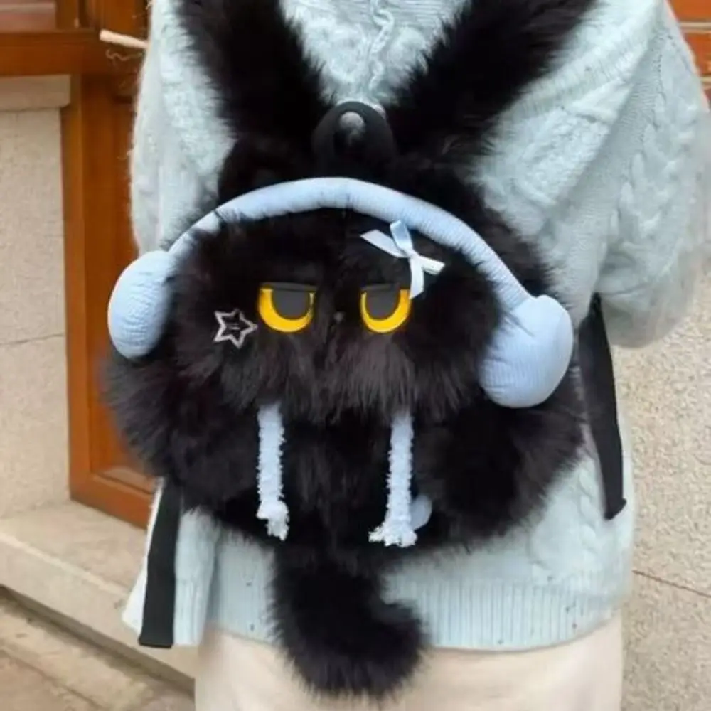 Mochila de Felpa con Diseño de Gato Siamés Kawaii, con Audífonos, Linda Bolsa de Hombro con Simulación de Animal, Aspecto Realista, Suave, para Estudiantes
