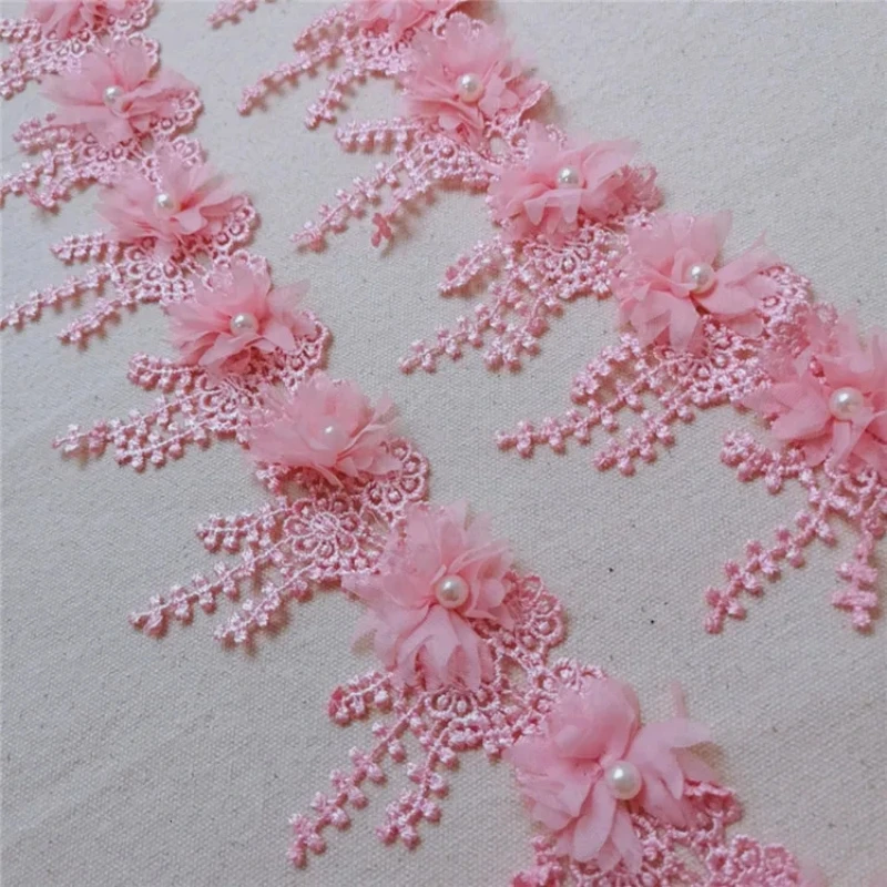 8cm Wide Trend Three-dimensional Beaded Chiffon Flower Tassel Lace Trim DIY Clothes Skirt Wedding Headdress Fabric Flowers