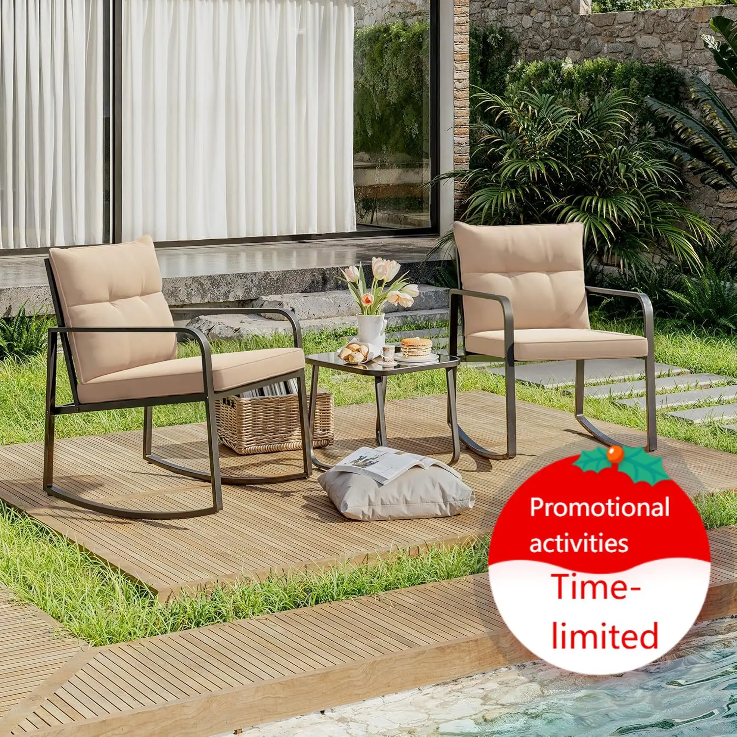 

3 Piece Rocking Bistro Set, Black Steel Patio Furniture, Porch Chairs Conversation Set with Glass Coffee Table, Back Cushion, fo