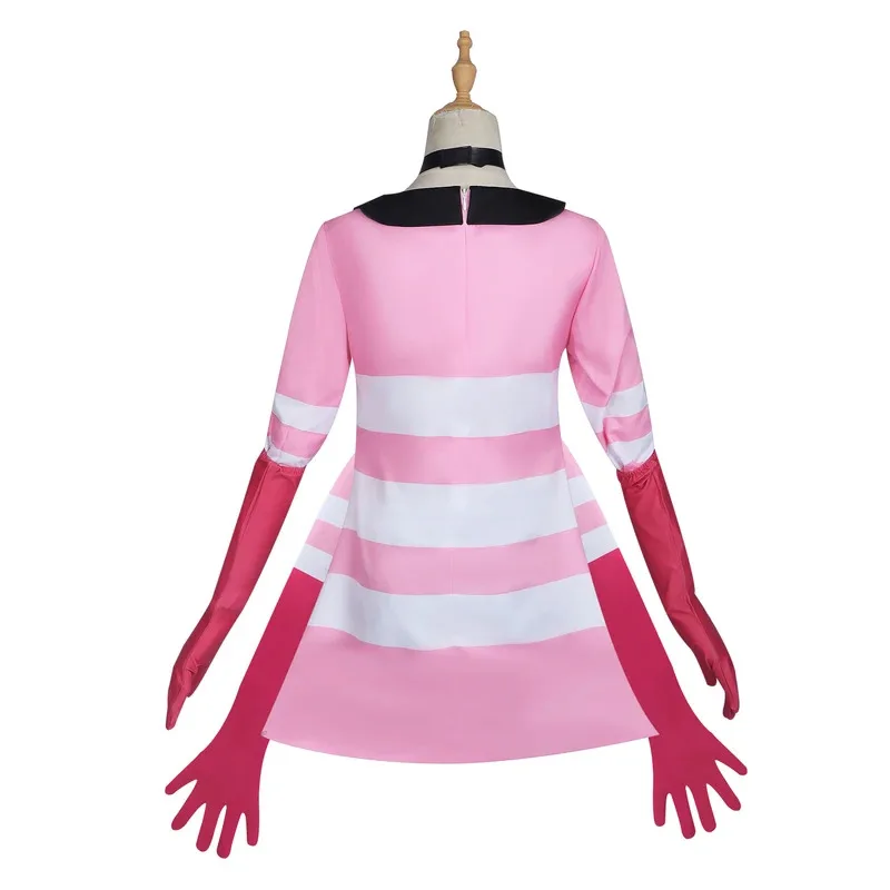 Kostum cosplay malaikat kartun Anime sarung tangan kostum penyamaran hotel set gaun bergaris merah muda cosplay Halloween wanita