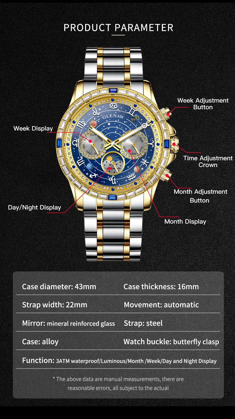 Glenaw high-end business fully automatic mechanical multifunctional men's watch fashionable waterproof luminous watch