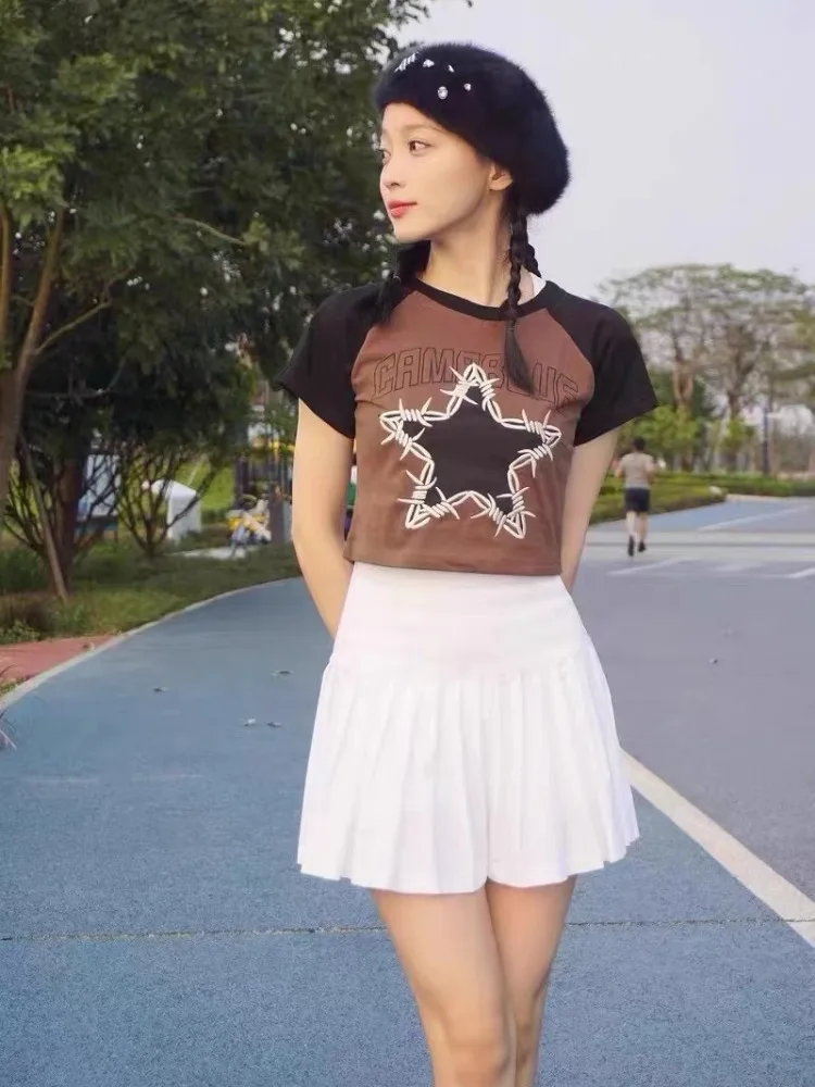 Vintage Gothic Embroidery T-shirt Women Y2k Crop Top Streetwear Short Sleeve Tees Summer Harajuku Hip Hop Sports Fitness T-Shirt